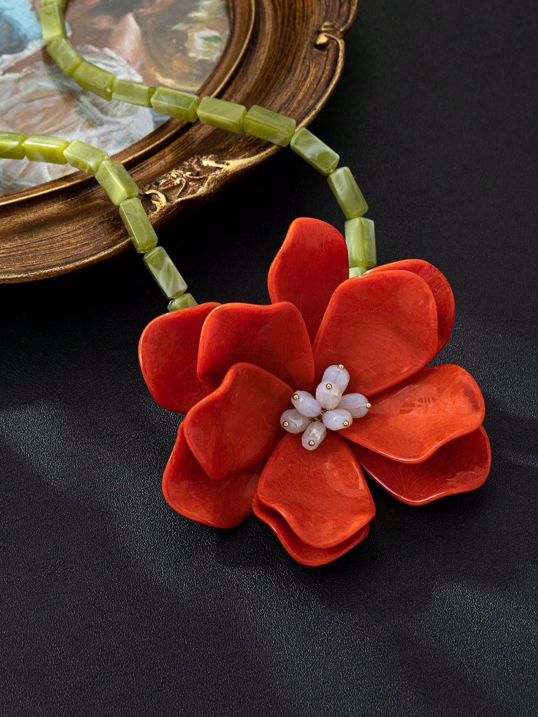 Red Elegant Women's Exaggeratedfloral Beaded Pendant Necklace